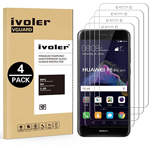 ivoler [4 Unidades] Protector de Pantalla para Huawei P8 Lite 2017, Cristal Vidrio Templado Premium