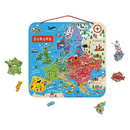 Janod- Puzle Mapa de Europa magnético de madera-40 Piezas imantadas-45 x 45 cm-Versión en Italiano-Juego Educativo a Partir de 7 años (JURATOYS J05475)