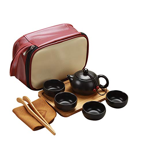 JKHK Portable Travel Kungfu Tea Set Handmade Chinese/Japanese Vintage,Porcelain Teapot & 4 Teacups & Storage Bag (White/Cyan/Black)