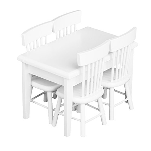Juego de 5 piezas de mesa de comedor y sillas de madera para casa de muñecas 1:12, color blanco