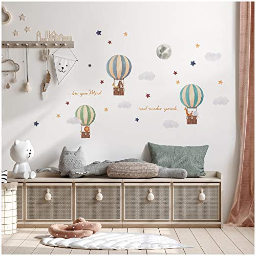 Juego de pegatinas de globo aerostático en 4 hojas DIN A4, total 150 x 55 cm, adhesivo de pared para habitación infantil, habitación de bebé, acuarela Y057-1 (animales)