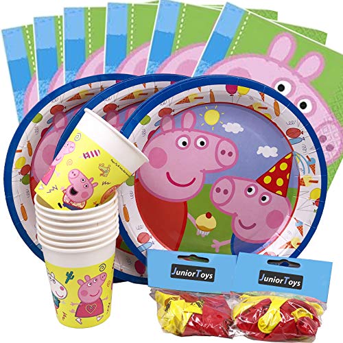 JuniorToys Peppa Pig - Juego de 64 piezas con platos, vasos, globos y servilletas, diseño de Peppa Pig