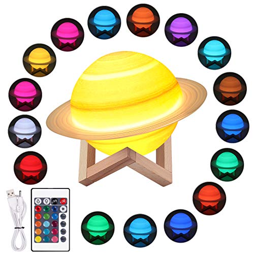 Justech Lámpara de Saturno de PLA en 3D con 3 Modos de Control 20cm Lámpara Luna Recargable USB de 16 Colores y 4 Modos de Iluminación LED Luz Nocturna con Soporte de Madera para Regalo