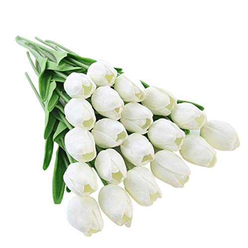 JUSTOYOU El tulipán Tiene un Toque Real, 33 cm de Largo, Flores Artificiales Decorativas para Ramos de Boda, hogar, Hotel, jardín, Evento navideño, Blanco, 20 por Paquete.