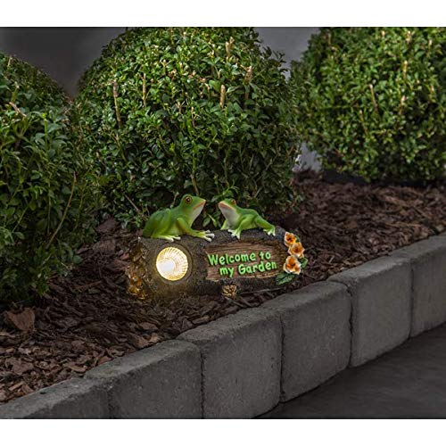 Kamaca Figura solar de rana con luz LED solar Welcome to My Garden, lámpara decorativa con luz solar (ranas solares sobre tocador)