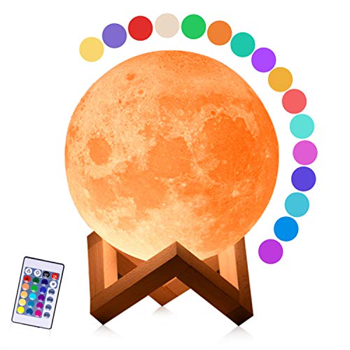 Lámpara LED de luna de 15 cm con impresión 3D, regulable, 16 colores, control remoto y táctil, luz nocturna con soporte de madera para habitación infantil, dormitorio, cafetería, bar, comedor