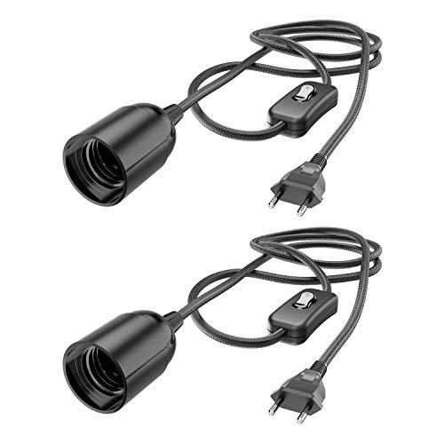 ledscom.de Cable textil LEHA con enchufe, interruptor y toma E27, negro, 3m, 2pcs.