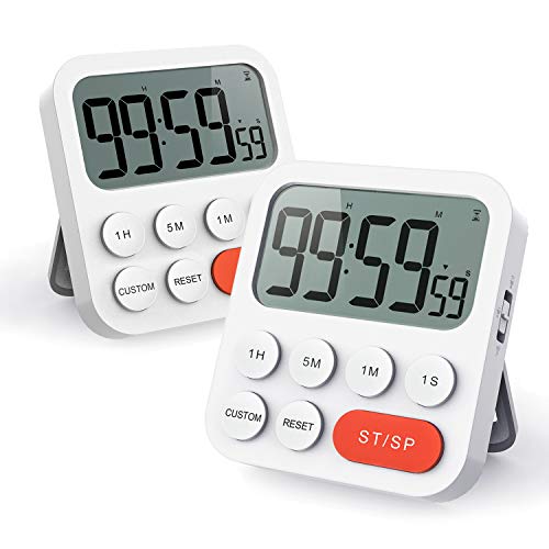 LIORQUE Temporizador de Cocina Digital Temporizador Multifunción con Función de Reloj, Ajuste Rapido, 3 Niveles de Volumen, Respaldo Magnético, Soporte Plegable (Pilas AAA Incluidas) - 2 Pzs