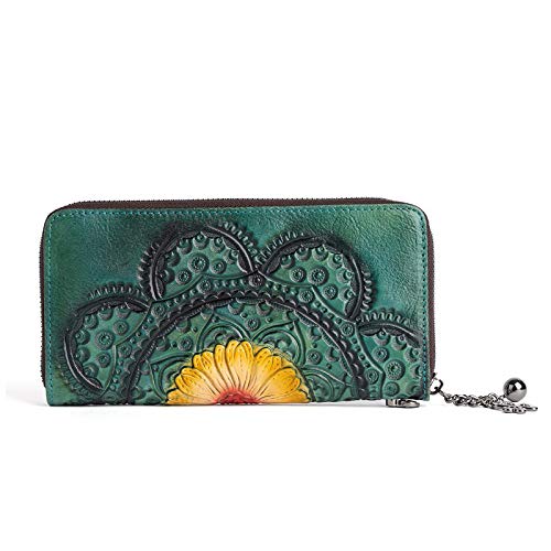 Liuying 2020 nueva cartera de cuero de vaca de primera capa, hecho a mano, cartera larga de las mujeres, cartera de cuero retro, bolso de embrague pintado a mano femenino