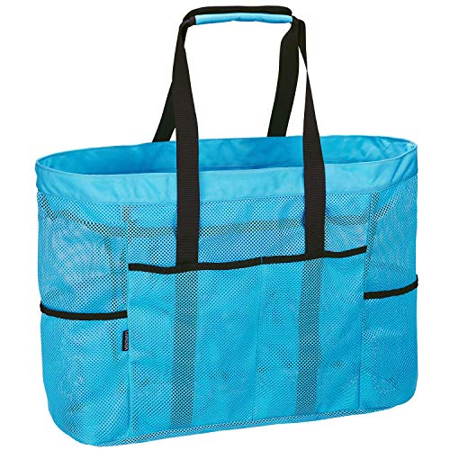 LIVACASA Bolsa de Playa Malla Grande Ligero con Cremallera Multi Bolsillos Cuerdas Antideslizante para Verano Piscina Playa Blue