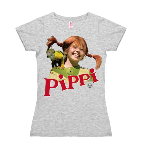 Logoshirt Camiseta para Mujer Pippi Calzaslargas y Señor Nilsson - Pippi Långstrump and Herr Nilsson - de Color - Gris Vigoré - Diseño Original con Licencia, Talla S