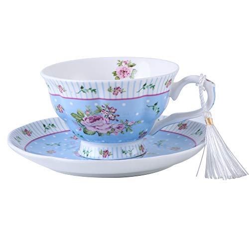 London Boutique Juego de 2 Tazas de té y platillos, diseño Vintage de Flora Rosa y Lavanda en Caja de Regalo (Rosa Azul 1 Unidad)