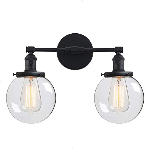 Luz de espejo de baño Lámpara de pared vintage, con interruptor y pantalla de cristal transparente de tres globos Lámpara de pared de baño industrial Interior 2 luces E27 Accesorios de iluminación de