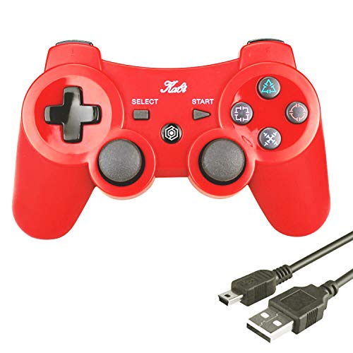 Mando Bluetooth inalámbrico 6 ejes de juego doble amortiguador para PS3 controlador PlayStation 3 controlador con cable de carga gratis Kabi (rojo)