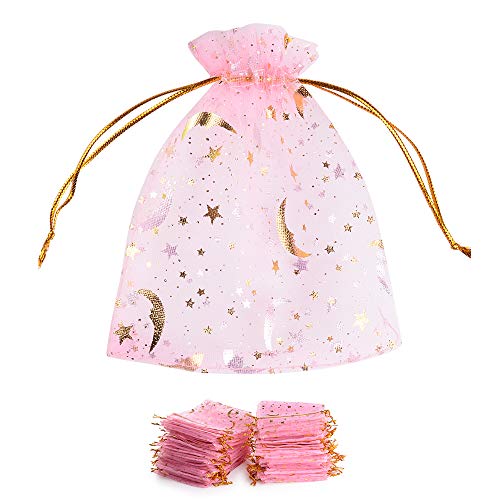 MEJOSER 100 Bolsas de Organza Bolsitas Tul con Estrellas y Lunas 12 x 9cm Saquitos Arroz Regalo Joyas Caramelo Dulces Recuerdo Favores Detalles para Navidad Boda Fiesta Bautizo con Cintas Rosa