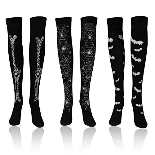 MengH-SHOP Medias de Halloween Suaves sobre la Rodilla Calcetines Altos Patrón de Telaraña Murciélago Esqueleto Medias Largas para Mujeres Niñas (Negro) 3 Pares