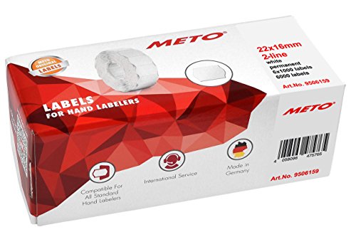 Meto 9506159 - Etiquetas para etiquetadoras manuales (22 x 16 mm, 2 líneas, 6000 unidades, adherencia permanente, para Meto, Contact, Sato, Avery, Tovel, Samark, etc.), Blanco, 6 rollos
