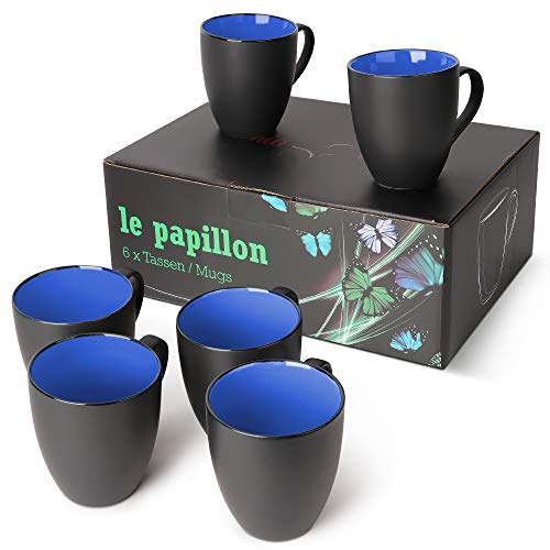 MIAMIO - 6 x 350 ml Juego de Taza de Café/Copa de desayuno exterior negro interior de color (Azul)