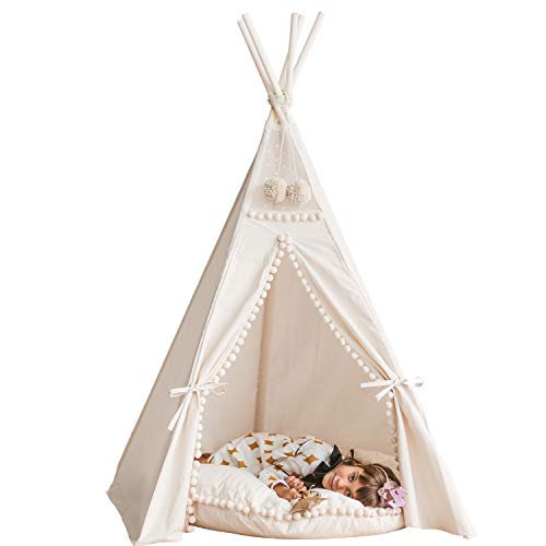 MINICAMP Tienda de Juegos Teepee para niños: diseño Original y Tienda Infantil Extra Estable Hecho a Mano de Lona Natural, Postes de Madera orgánica, ¡Incluye decoración de Pompones!