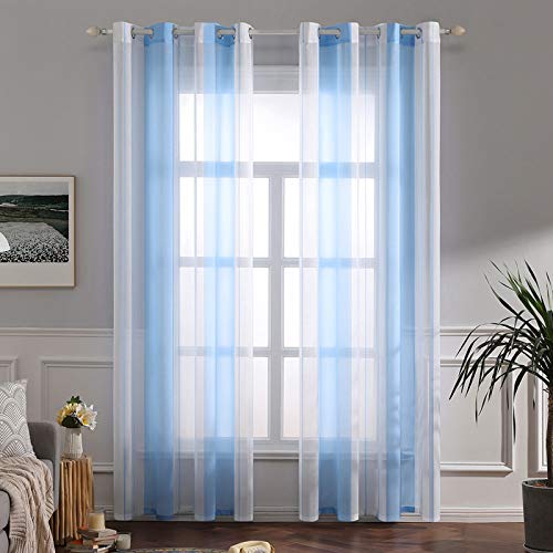 MIULEE Cortinas Translucida de Moderno Ventana Visillos Rayas Salon Paneles con Ojales para Sala Cuarto Comedor Salon Cocina Habitación 140 x 245 cm, 2 Unidades Blanco+Azúl Claro