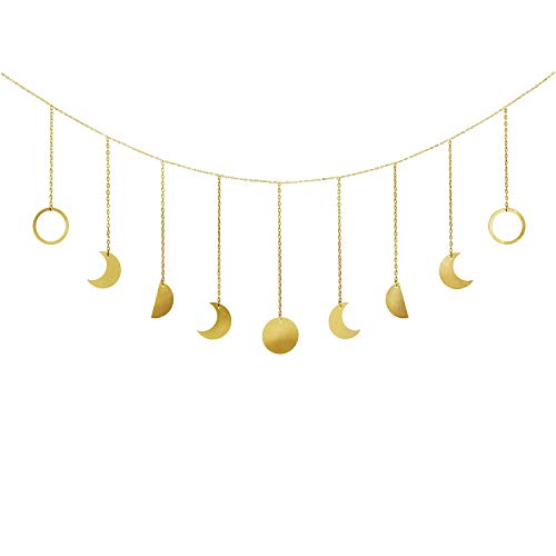 Mkouo Moon Phase Garland with Chains Boho Gold Shining Phase Wall Hanging Holiday Ornaments Moon Hang Art Room Decor for Bedroom Living Room Apartment Dorm Nursery Home Office, Gold
