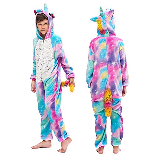 MMTX Bambino Tutina di Unicorno Pigiama, Flanella Animale Costume Halloween Cosplay Pigiami da Notte Felpa con Cappuccio per 8-10 años Altezza 125-135 cm