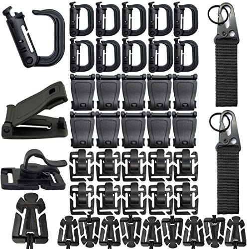 MOAMUN 42 PC Táctico Engranaje Clip Molle Webbing Accesorios por Táctica Zaino Chaleco Molle Llavero Anilla Cierre Agua Tubo Clip Web Dominator Fibbia con Elastico Cadena (Negro)