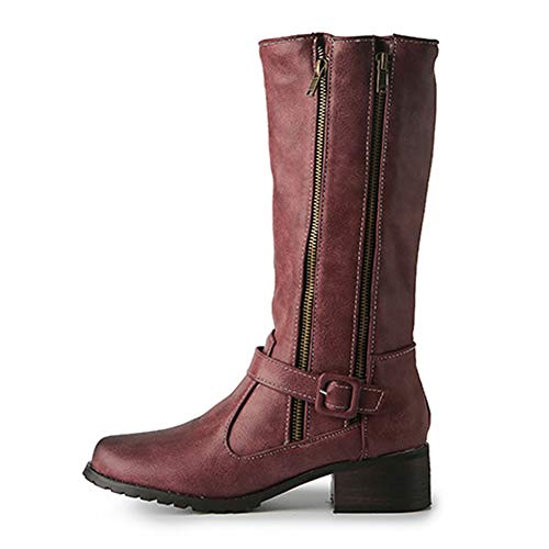 Moda para Mujer De Alta Botas De Las Mujeres Ancho Becerro Zip Estiramiento del Motorista Cargadores De La Rodilla De Tamaño Grande 34-44,Rojo,44