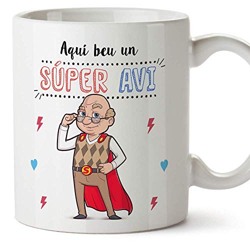 MUGFFINS Taza Abuelo (En Catalán) -"Aquí beu un Súper Avi" - Taza Desayuno/Idea Regalo Día del Padre. Cerámica 350 mL