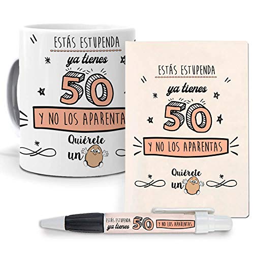 mundohuevo Pack Original y Personalizado para Regalo, Ideal para cumpleaños y Eventos. Ya Tienes 50 y no lo aparentas. Libreta, boligrafo y Taza Maxima Calidad.