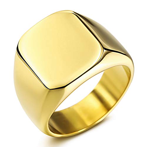 MunkiMix Anillo de Sello para Hombres Mujeres Niños 316l Anillos para Hombre Resistentes al Agua Estilo Cuadrado de Acero Inoxidable, Paquete con ajustadores de tamaño de Anillo (Oro Color, Talla N)