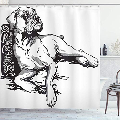 N\A Cortina de Ducha de Perro Boxer, ilustración monocromática de un Animal detallado Dibujado a Mano canino, Conjunto de decoración de baño de Tela con Ganchos, Blanco carbón