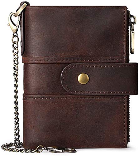 Nbvcxz Cartera de piel para hombre con cadena antirrobo y cierre RFID, soporte para tarjetas, gran capacidad, monedero con ventana para tarjeta de identificación, bolsillo con cremallera