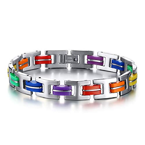 Nobrand Silicona 316L Acero Inoxidable Pulsera Hombres Brazalete Arco Iris Color Cierre LGBT Pulsera Gay Orgullo para Hombres Mujeres