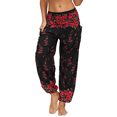 Nuofengkudu Mujer Hippies Yoga Pantalones Harem Baggy Tailandeses Boho Estampados Bolsillos Cintura Alta Baggy Pilates Pants Verano Playa Fiesta(X-Negro Flor,Talla única)