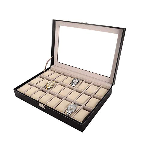 OH Relojes Box Watch Box Watch Display Organizador Black Pu Cuero 24 Reloj Caja de Alenamiento Caja Pulsera Brazalete Pantalla Tray Watch Organizador regalo/Negro/Talla única