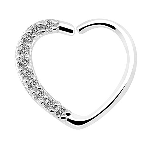 OUFER Body Jewelry 16 Gauge 18Kt Oro Blanco Chapado Claro CZ En Forma de corazón Cierre Derecho Daith Cartilage Tragus Pendientes Hoop (White Clear)