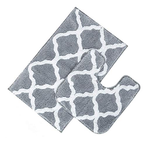 Pauwer Juego de 2 Alfombrillas de baño de Microfibra Antideslizante Lavable a Máquina Alfombra de baño y Pedestal Set,Gris,53 x 86 cm+50 x 50 cm