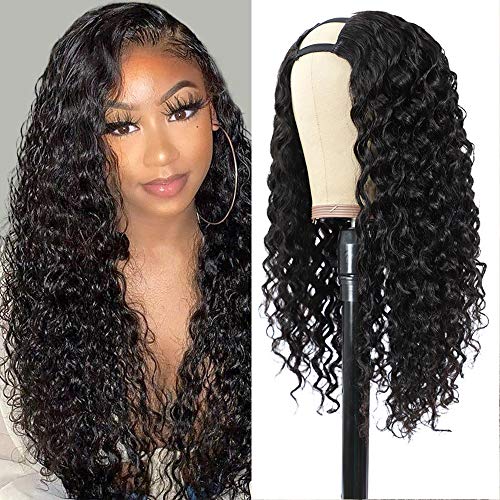 Pelucas de cabello humano en U Parte media Pelucas de cabello humano rizado de onda profunda para mujeres negras Cabello brasileño 2x4 Clip en forma de U en pelucas Sin cola 150% Densidad (22 inch)