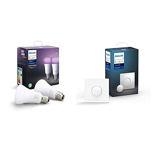 Philips Hue White and Color Ambiance - Paquete de 2 bombillas LED inteligentes E27, luz blanca y de colores, compatible con Bluetooth y Zigbee + Botón/Interruptor Smart Button