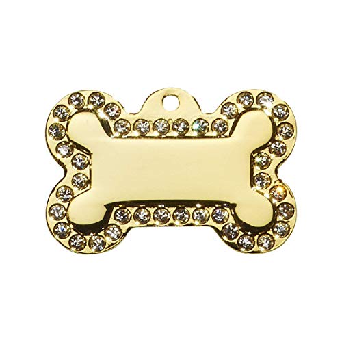 Placa grande dorada en forma de hueso decorada con diamantes. Grabada con nombre de perro / mascota. Por favor envíenos un mensaje con los detalles del grabado cuando compre