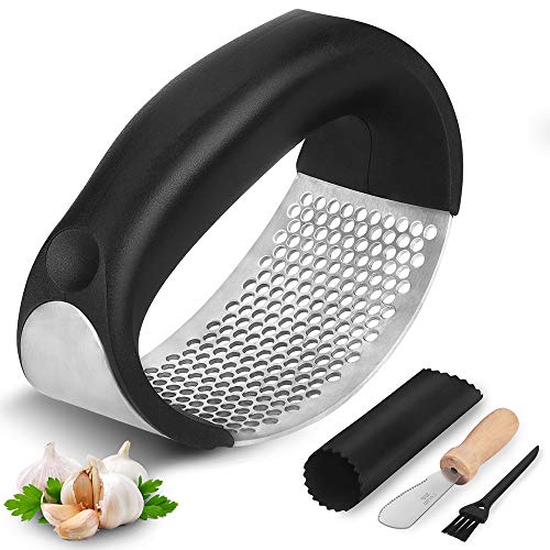 Prensa Ajos, Garlic Press de Acero Inoxidable, Picadora Manual de Ajo con Pelador de Silicona y Cepillo de Limpieza, Accesorios Utensilios de Cocina, Fácil de usar y Limpiar