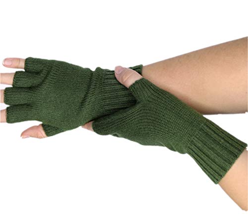 prettystern Mujer semi-dedo guantes de medio-dedo 100% lana de cachemira suave y caliente verde bosque