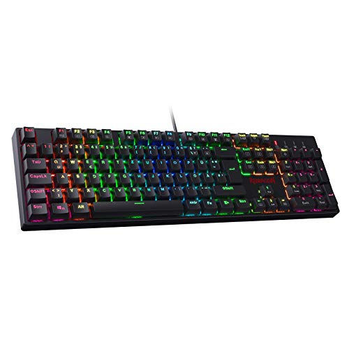 Redragon K582-DE SURARA - Teclado mecánico para gaming, 105 teclas, sin conflicto, teclado QWERTZ con interruptores azules, teclado retroiluminado RGB, color negro