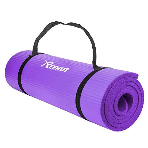 REEHUT Esterilla de Ejercicio NBR Fitness Yoga esterillas – 12 mm Extra Gruesa de Alta Densidad Multiusos para Pilates, Fitness y Entrenamiento con Correa de Transporte (Morado)