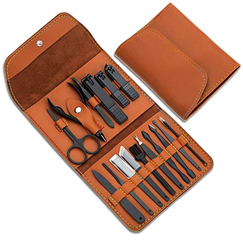 Regalos para hombres/mujeres, set de manicura de acero inoxidable con estuche de cuero PU, herramienta de cuidado personal (marrón)