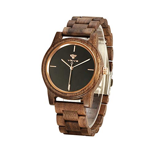 Relojes de Madera para Hombre y Mujer, Nogal Natural/Madera de Cebra VICVS Cronógrafo de Cuarzo japonés, Correa Ajustable, Deportes Militares y Ocio (Walnut)