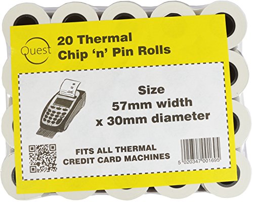 Rollos de papel térmicos Chip 'n' Pin Quest 20. Rollos tamaño: 57 x 30 mm Compatible con todas las máquinas de tarjeta de crédito térmicas.