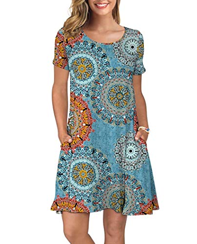 Saisma El Partido del Verano Ocasional De Las Mujeres Vestidos De Corto T Oscilación Camisa De Manga Vestido con Bolsillos Oscilación Informal (Color : Sun Blue, Size : S)