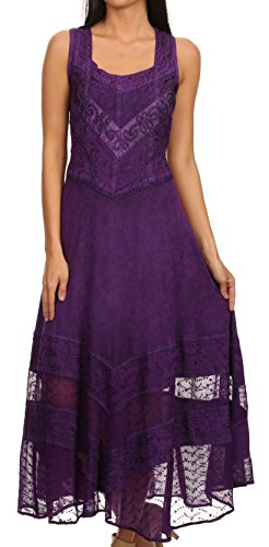 Sakkas 15225 - Zendaya Vestido de Rayón Lavado a Piedra con Bordado Floral de Vid Sin Mangas con Cuello Pico - Purple-1X/2X